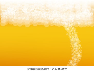 Oktoberfest background. Beer foam. Craft lager splash. Shiny pint of ale with realistic white bubbles. Cool liquid drink for restaurant menu design. Gold mug with oktoberfest.