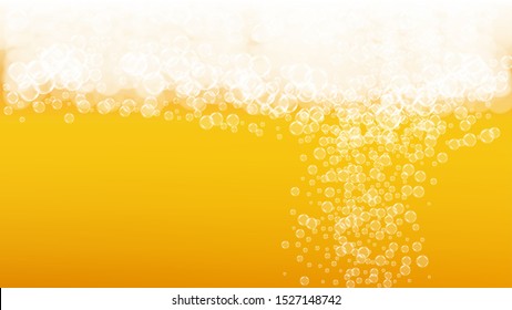 Oktoberfest background. Beer foam. Craft lager splash. Hipster pint of ale with realistic white bubbles. Cool liquid drink for pab flyer concept. Gold mug with oktoberfest.