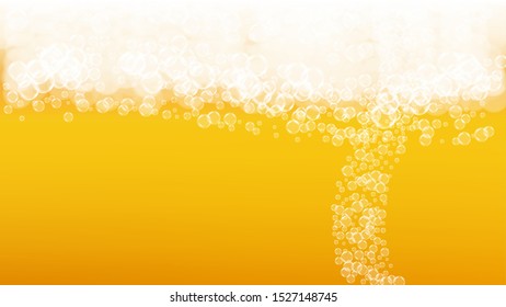 Oktoberfest background. Beer foam. Craft lager splash. Bubbly pint of ale with realistic white bubbles. Cool liquid drink for restaurant banner template. Orange bottle with oktoberfest.