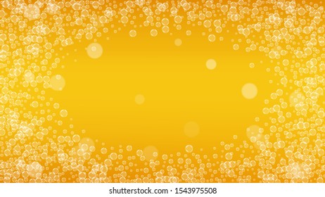 Oktoberfest background. Beer foam. Craft lager splash. German pint of ale with realistic white bubbles. Cool liquid drink for bar flyer layout. Yellow bottle with oktoberfest.