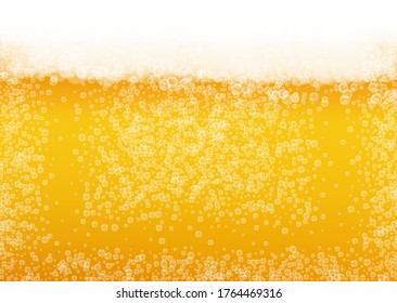 Oktoberfest background. Beer foam. Craft lager splash. Fresh pint of ale with realistic white bubbles. Cool liquid drink for pab banner concept. Yellow cup with oktoberfest.