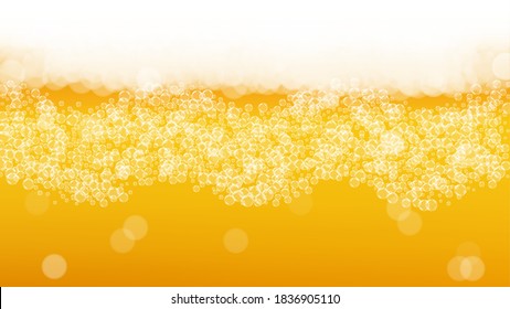 Oktoberfest background. Beer foam. Craft lager splash. pab banner layout. Czech pint of ale with realistic white bubbles. Cool liquid drink for Gold mug with oktoberfest.