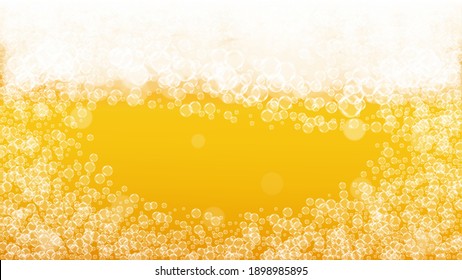 Oktoberfest background. Beer foam. Craft lager splash. Pale pint of ale with realistic white bubbles. Cool liquid drink for pub banner concept. Yellow glass with oktoberfest.