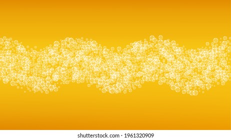 Oktoberfest background. Beer foam. Craft lager splash. German pint of ale with realistic white bubbles. Cool liquid drink for pub menu layout. Yellow bottle with oktoberfest.