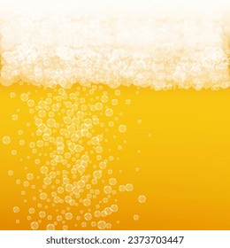 Oktoberfest background. Beer foam. Craft lager splash. Shiny pint of ale with realistic bubbles. Cool liquid drink for bar. Golden flyer layout. Gold cup for beer background.