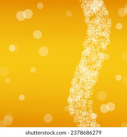 Oktoberfest background. Beer foam. Craft lager splash. Froth pint of ale with realistic bubbles. Cool liquid drink for bar. Golden menu design. Gold mug for beer background.