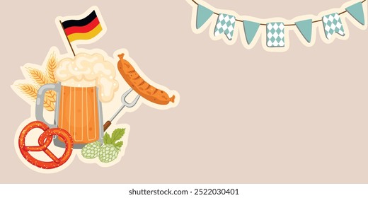 Oktoberfest Hintergrund mit Bierglas und deutsche Flagge.Banner mit traditionellen Snacks, Getränk, Hopfen und Gerste.Feiern Sie das Bierfest.Bunte Vektorgrafik-Designs set.Flache Cartoon-Illustration.