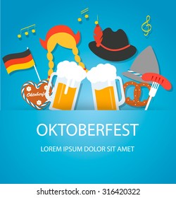 Oktoberfest background with beer glasses and other Oktoberfest icons, vector illustration