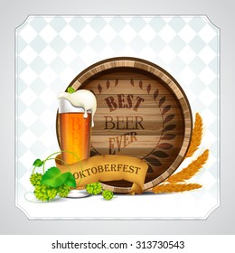 Oktoberfest background with beer, hops and wooden barrel.