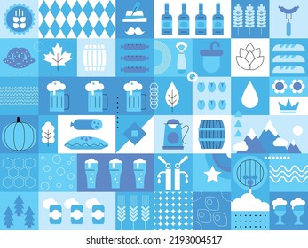 Oktoberfest background with beer symbols, icons, signs. Beer mug, bottle, glass. Beer holiday. Blue design. Oktoberfest blue design for banners, posters, bar menu