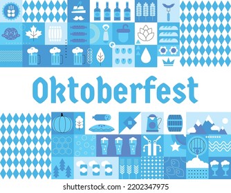 Oktoberfest background with beer symbols, icons, signs. Beer mug, bottle, glass. Beer holiday. Blue design. Oktoberfest blue design for banners, posters, bar menu