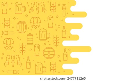 Fondo de Oktoberfest con símbolos de cerveza, iconos, signos. Taza de cerveza, botella, vaso. Vacaciones de cerveza. Diseño azul. Diseño amarillo Oktoberfest para Anuncios, carteles, menú de bar