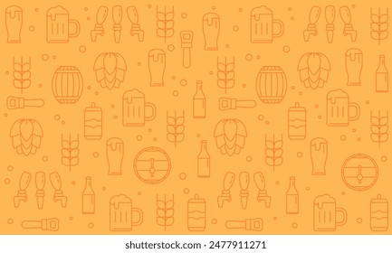 Oktoberfest background with beer symbols, icons, signs. Beer mug, bottle, glass. Beer holiday. Blue design. Oktoberfest yellow design for banners, posters, bar menu