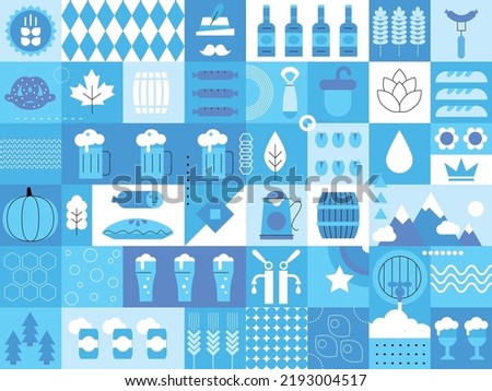 Oktoberfest background with beer symbols, icons, signs. Beer mug, bottle, glass. Beer holiday. Blue design. Oktoberfest blue design for banners, posters, bar menu