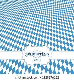 Oktoberfest background with blue-white checkered pattern, banner and text Oktoberfest 2018 (in german)