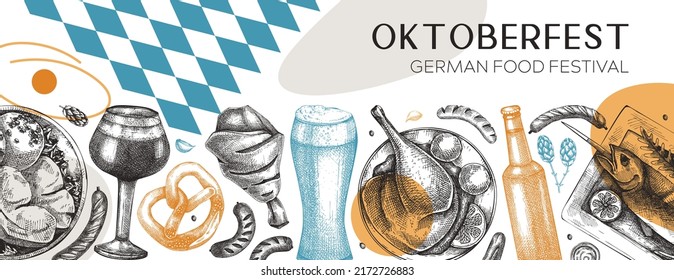 Fondo de Oktoberfest en estilo collage. El diseño de la carta de comida y bebida alemana. Esbozos de carne vectorial y formas geométricas. Pancarta moderna de cocina alemana. Dibujo tradicional del festival de cerveza. 