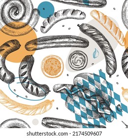 Oktoberfest background in collage style. Grilled sausage backdrop. Hand-drawn fast food restaurant menu design. Barbeque party sketched illustration. German food trendy seamless pattern. 