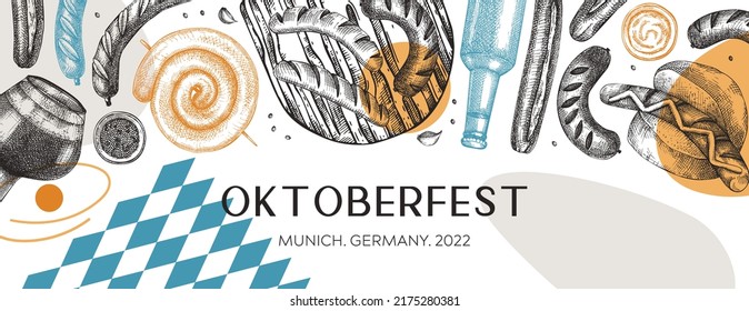 Oktoberfest background in collage style. Grilled sausage frame. Hand-drawn fast food illustration. Barbeque party sketched banner. German food and beer trendy design for festival or restaurant menu