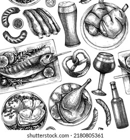 Oktoberfest background. German cuisine design. Pretzel, beer, roast pork, ham hocks, sausages, ribs, and grilled fish on table. Meat dishes seamless pattern. Beer festival backdrop. Restaurant menu.