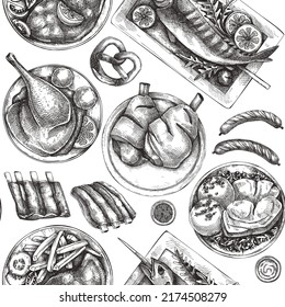 Oktoberfest background. German cuisine menu design. Pretzel, roast pork, ham hocks, sausages, ribs, and grilled fish on table. Grilled meat dishes seamless pattern. German restaurant backdrop. 