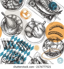 Oktoberfest background. German cuisine menu design. Pretzel, roast pork, ham hocks, sausages, ribs, grilled fish on table. Grilled meat dishes seamless pattern. Restaurant backdrop in collage style