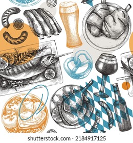 Oktoberfest background. German cuisine menu design. Pretzel, beer, roast pork, ham hocks, sausages, ribs, grilled fish on table. Grilled meat seamless pattern. Beer festival backdrop in collage style