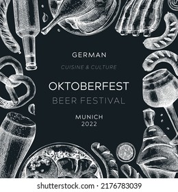 Oktoberfest background. German food and drinks menu design. Vector meat dishes sketches. German cuisine frame on a chalkboard. Traditional beer festival illustration in sketched style. 