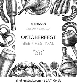 Oktoberfest background. German food and drinks menu. Vector meat dishes sketches. German cuisine frame. Beer festival black and white illustration in sketched style. Oktoberfest party design.