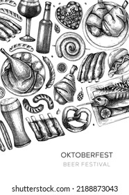 Oktoberfest background. German food and drinks menu. Vector meat dishes sketches. German cuisine frame. Beer festival black and white illustration in sketched style. Oktoberfest party design.