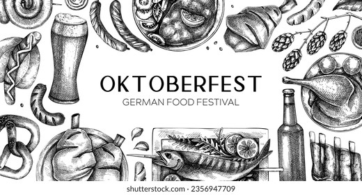 Oktoberfest background. German food and drinks menu design template. Meat dishes sketches. German cuisine vintage frame. Traditional beer festival banner. Oktoberfest party