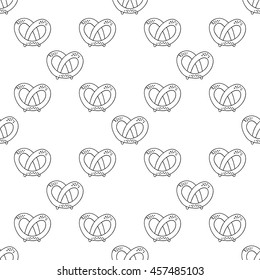 Oktoberfest background. German pretzels seamless pattern on white background. Sketchy hand drawn doodle. Black and white abstract picture. Vector zentangle element. Antistress coloring book. Eps 10.