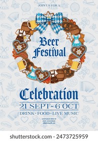 fondo del oktoberfest con galletas de jengibre y garabatos. cartel del festival de la cerveza alemana con corona de jengibre	