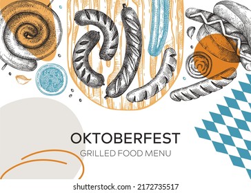 Oktoberfest background. Grilled sausage collage. Hand-drawn fast food illustration. Barbeque party sketched banner. German food and meet products sketches. Oktoberfest beer festival menu design