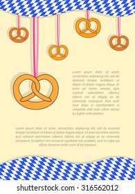 Oktoberfest background with hanging pretzels and Bavarian flag.  Oktoberfest celebration design with a place for your text, eps10.