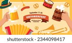Oktoberfest Background. Happy Oktoberfest beer festival celebration. Vector Illustration. Poster, Banner, Invitation, Card, Template. Oktoberfest Party, Event. Oktoberfest pretzel, wheat and hops.