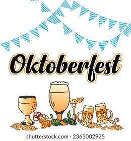 Oktoberfest-Hintergrund. Frohes Oktoberfest Bierfestival. Oktoberfest Hintergrund mit Biersymbolen, Symbolen, Zeichen. Bierkrug, Flasche, Glas. Oktoberfest Party, Poster, Banner, Einladung, Auto