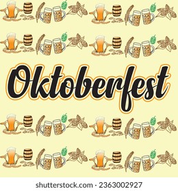 Oktoberfest-Hintergrund. Frohes Oktoberfest Bierfestival. Oktoberfest Hintergrund mit Biersymbolen, Symbolen, Zeichen. Bierkrug, Flasche, Glas. Oktoberfest Party, Poster, Banner, Einladung, Auto