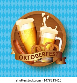 Oktoberfest background illustration with fresh beer, pretzel, and sausage. Vector Illustration