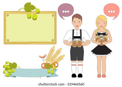 Oktoberfest Background. Isolated elements. Cartoon Characters in Traditional Style.