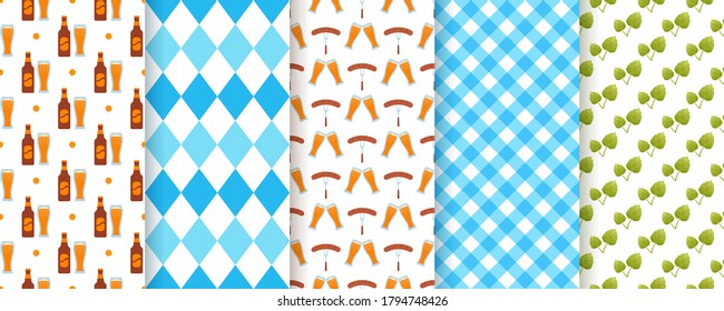 Oktoberfest background. Octoberfest seamless pattern. Vector. Prints with rhombus, beer, hop and plaid. Set of Bavarian diamond textures. Germany traditional wallpaper. Color illustration.