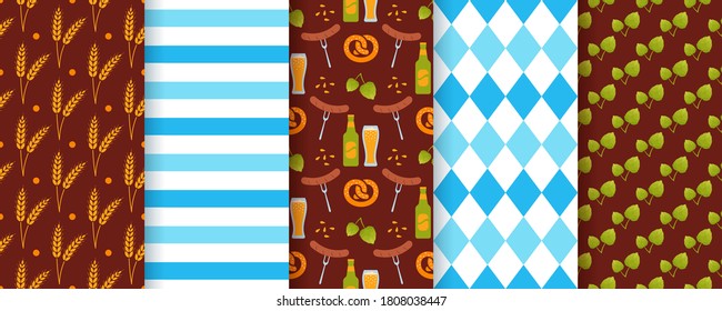 Oktoberfest background. Octoberfest seamless pattern. Vector. Prints with rhombus, beer, hop, wheat and stripes. Set of Bavarian diamond textures. Germany traditional wallpaper. Color illustration.