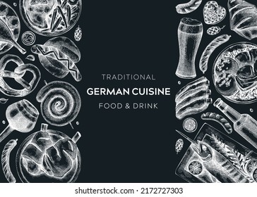 Oktoberfest background on chalkboard. German food and drinks menu design. Vector meat dishes sketches and geometric shapes. German cuisine vintage banner. Traditional beer festival illustration. 