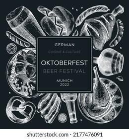 Oktoberfest background on chalkboard. German food and drinks menu design. Vector meat dishes sketches. German cuisine vintage wreath. Popular beer festival illustration in sketched style. 