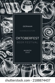 Oktoberfest background on chalkboard. German food and drinks menu design. Vector meat dishes sketches. German cuisine vintage wreath. Beer festival illustration in sketched style. Black and white card