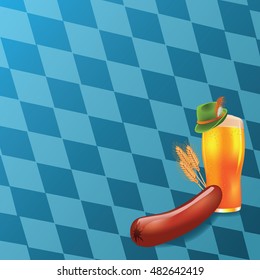 Oktoberfest background with sausage, German hat and beer. EPS 10 vector.
