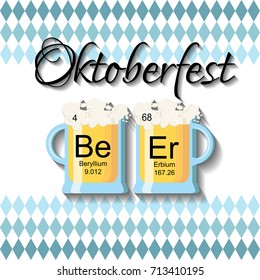 Oktoberfest background template with two beer glasses and word beer made of chemical elements on traditional diamond blue pattern. Cartoon style vector illustration.