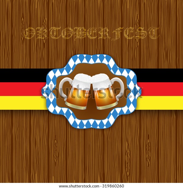 Oktoberfest background. Two mugs of beer on\
a wooden background. Vector\
illustration