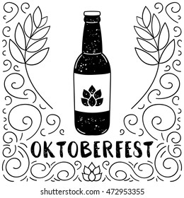 Oktoberfest background vector for beer bar, party or pub. Cold glass bottle, malt frame and hop hand drawn in sketch style. German festive retro illustration.