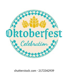 Insignia Oktoberfest, logotipo o diseño de etiqueta con textura gruesa y áspera. Matrícula de emblema del festival de cerveza Bavarian, alemán de círculo, con lúpulo o malta. Ilustración vectorial.