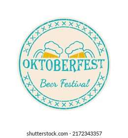 Oktoberfest badge, logo or label design with grunge, rough texture. Circle German, Bavarian beer fest emblem template with beer mug. Vector illustration.